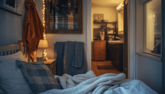 Cozy winter bedroom and bathroom interior showing everyday home living habits during colder months